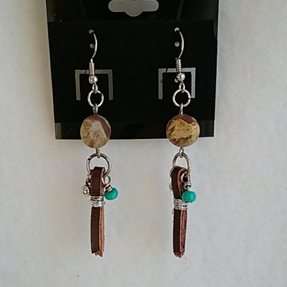 Womens stone and leather look hook earrings